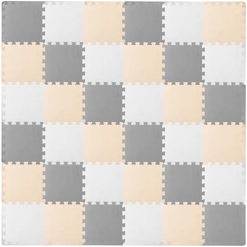 ProSource Foam Puzzle Floor Play Mat for Kids and Babies with Solid Colors, 36 or 16 Interlocking Tiles with Borders, White/Grey/Beige