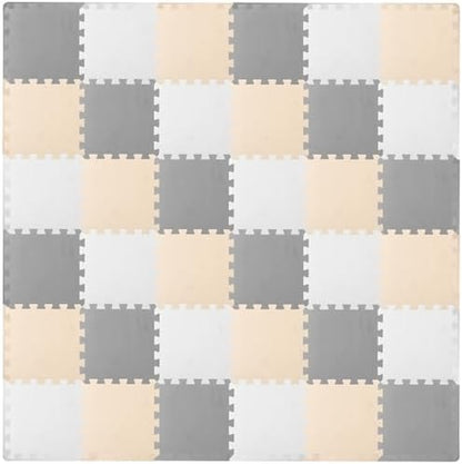 ProSource Foam Puzzle Floor Play Mat for Kids and Babies with Solid Colors, 36 or 16 Interlocking Tiles with Borders, White/Grey/Beige
