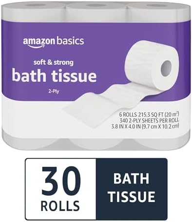 Amazon Basics Soft and Strong 2-Ply Toilet Paper, 30 Ultra Rolls = 120 Regular Rolls, Unscented, 340 Sheet (30 Rolls)