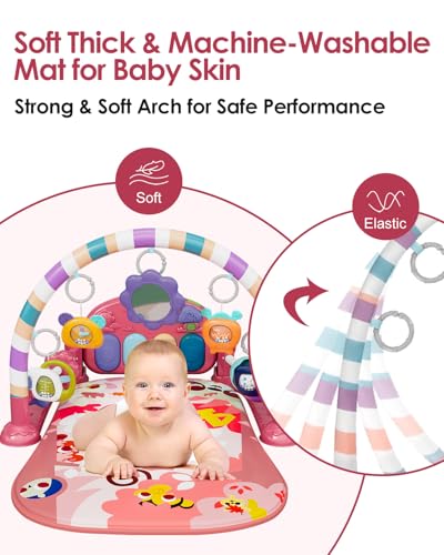 dearlomum Baby Play Mat Baby Gym,Funny Play Piano Tummy Time Baby Activity Mat with 5 Infant Sensory Baby Toys, Music and Lights Boy & Girl Gifts for Newborn Baby 0 to 3 6 9 12 Months (Pink)