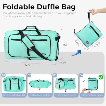 Fmeida 65L Duffle Bag with Shoes Compartment, Foldable Travel Duffel Bags for Men Women, Large Packable Travel Bag Water Repellent & Tear Resistant (Mint Green)