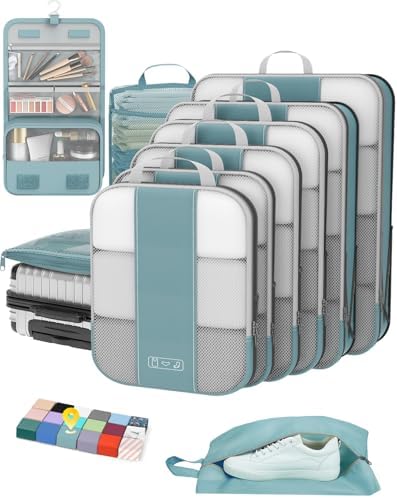 10 Set Compression Packing Cubes for Travel Essentials,Compressible Expandable Packing Cubes for Suitcase,OlarHike Luggage Organizer Bags for Travel,Handy Helper for Organizing Clothes(Blue Gray)
