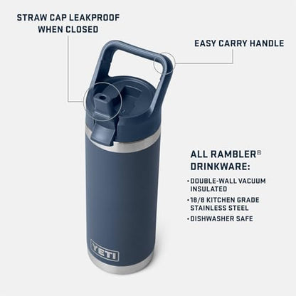 YETI Rambler 18 oz Bottle, Vacuum Insulated, Stainless Steel with Straw Cap, Navy