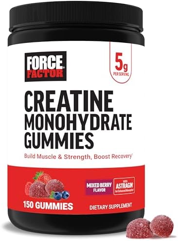 Force Factor Creatine Monohydrate Gummies, 5g Dose for Men & Women to Support Muscle, Strength, Recovery, Cognitive Health & Memory, Mixed Berry, 150 Gummies