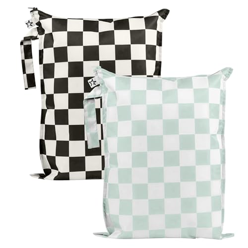 Tiny Twinkle Mess-Proof Waterproof Wet Dry Bag | 2-Pack Reusable Wet Bags for Swimsuits & Baby Clothes | Leakproof Wet Bag for Travel & Diaper Changes for Baby (Black, Green Checkers)
