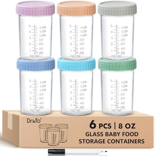 DRKIO 6 Pack Glass Baby Food Storage Containers - 8 Oz Baby Food Jars with Lids Baby Food Maker Microwave Dishwasher Freezer Safe 100% Leak Proof BPA Free Reusable