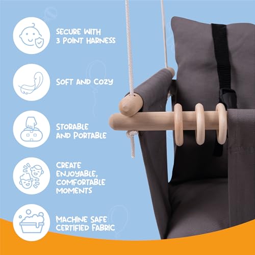 Indoor Outdoor Baby Swing with 3-Point Harness and Hardware for Ceiling, Porch, Doorway, Canvas Baby Swing Outdoor Toddler Swing Seat Dark Gray