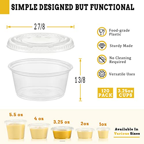 VITEVER [120 Sets - 3.25 oz ] Portion Cups With Lids, Small Plastic Containers with Lids, Airtight and Stackable Souffle Cups, Jello Shot Cups, Sauce Cups, Condiment Cups for Lunch, Party, Trips