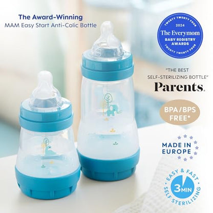 MAM 5oz Easy Start Anti-Colic Baby Bottles, Slow Flow with Bonus Medium Flow Nipple, Reduces Colic, Gas, & Reflux, Easy-to-Clean, BPA-Free, Baby Bottles for Newborns, 0-3 Months