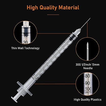 1ml Syringe with 30Ga 1/2in Needle, Individually Wrapped, Pack of 100