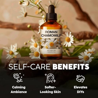 KUKKA Roman Chamomile Essential Oil for Tranquil Retreats and Peaceful Relaxation - Roman Chamomile Essential Oil 4 Oz - Soothing, Comforting and Calming - 100% Authentically Sourced Premium Oils