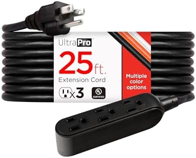 UltraPro 25 Ft Outdoor Extension Cord 3 Outlet Extension Cords Outlet Power Strip Long Extension Cord with Multiple Outlets Grounded Heavy Duty Extension Cord 16 Gauge UL Listed Black 36825-T1