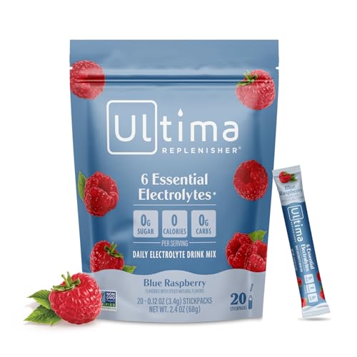 Ultima Replenisher Daily Electrolyte Powder Drink Mix – Sugar Free – Blue Raspberry, 20 Stickpacks – Hydration Packets with 6 Electrolytes and Trace Minerals – Keto Friendly, Vegan, Non-GMO