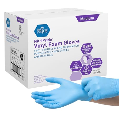 MED Pride Non-Latex Non-Sterile Single-Use Exam Gloves Medium 1000 - Powder Free, Latex Free & Rubber Free - Single Use Non-Sterile Protective Gloves for Medical Use, Cooking, Cleaning & More