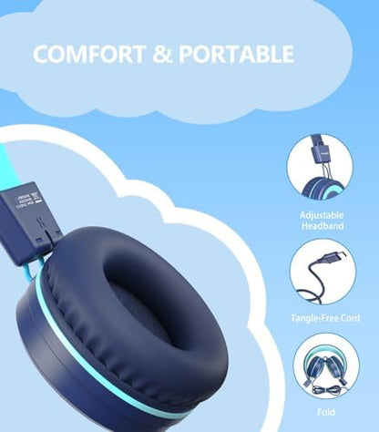 Upgrade USB Type C Kids Headphone for School, 94dB Safe Volume Limited, HD Stereo Sound, Foldable Lightweight On-Ear Headphones for Boys/Girls/Students/Tablet/Travel (Dark Blue)