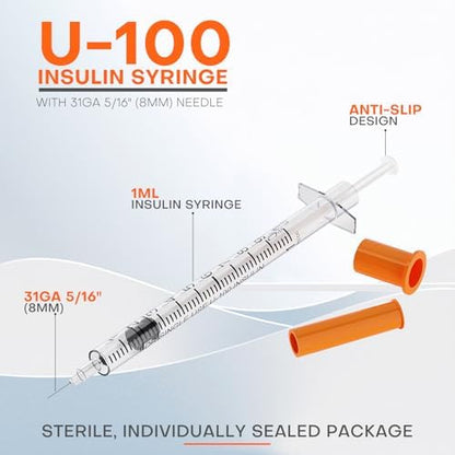 Insulin Syringe U-100 | 1cc with 31G 5/16" (8mm) Needle, Pack of 100