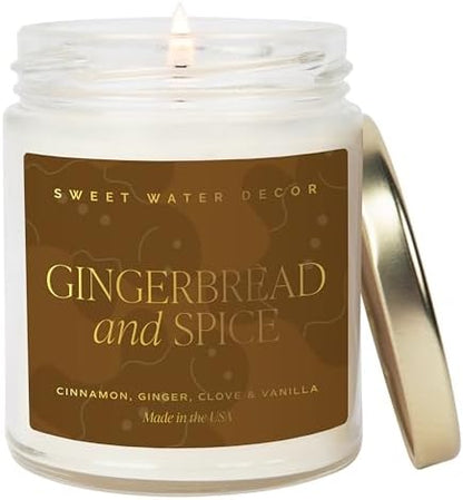 Sweet Water Decor Gingerbread and Spice Candle - Orange, Lemon, and Gingerbread Soy Christmas Candles - Gold Foil Pattern 9oz Clear Jar, 40 Hour Burn Time, Made in the USA