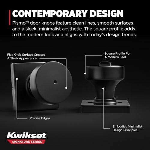 Kwikset Pismo Interior Privacy Door Knob with Lock, Door Handle For Bathroom and Bedroom, Matte Black Keyless Turn Lock Doorknob, with Microban Protection
