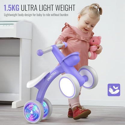Umatoll Colorful Lighting Baby Balance Bike for 1 Year Old Boys Girls, 12-24 Months Toddler Bike with Basket, Adjustable Seat, First Birthday Gift (Purple)