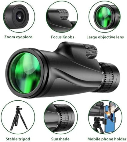 Monocular Telescope 80 x 100 High Powered Monoculars for Adults with Tripod, Monocular for Smartphone Suitable for Bird Watching Larger Vision Monoculars for Adults with BAK4 Prism & FMC Lens Black