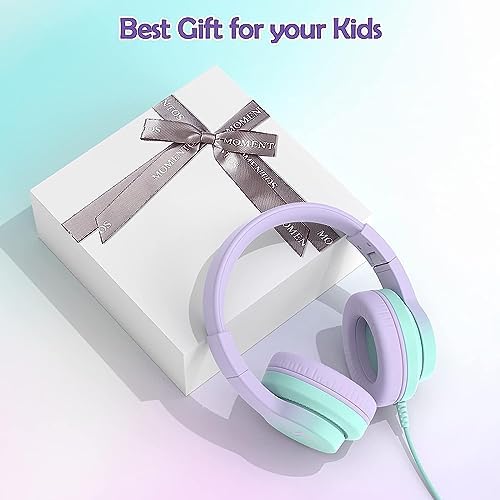 Kids Headphones, Wired Headphones for Kids Over Ear with Microphone, 85/94dB Volume Limiter Headphone for Girls Boys, Foldable Headphone for Learning & Entertainment,Gradient Purple