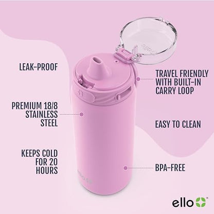 Ello Cooper 18oz Kids Stainless Steel Water Bottle with Straw and Carry Handle, Double Walled and Vacuum Insulated Metal, Leak Proof Locking Lid with Soft Silicone Spout, Reusable, BPA Free, Bubblegum