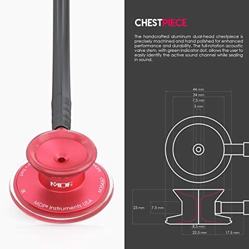 MDF Instruments, Acoustica Lightweight Stethoscope for Doctors, Nurses, Students, Home Health Use, Adult, Dual Head, Black Tube, Red Chestpiece-Headset, MDF747XPR11