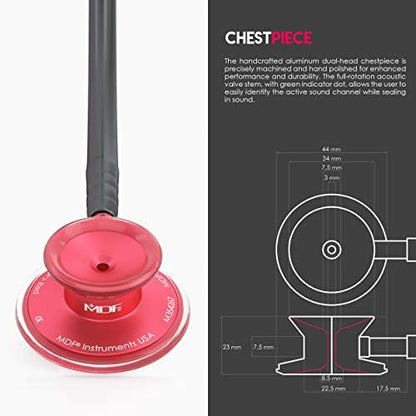 MDF Instruments, Acoustica Lightweight Stethoscope for Doctors, Nurses, Students, Home Health Use, Adult, Dual Head, Black Tube, Red Chestpiece-Headset, MDF747XPR11