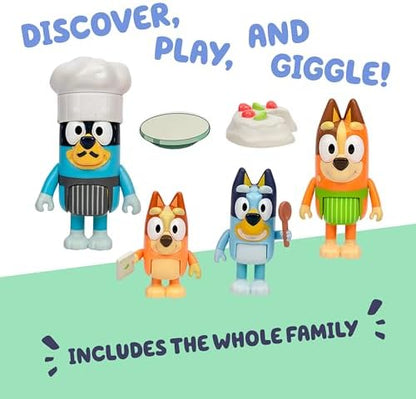 Bluey 4-Pack Toy Figure Playset, Let’s Play Chef Pavlova Toddler Figurine Toys Set with Chef Accessories, Poseable Figurines for Kids Ages 3-5
