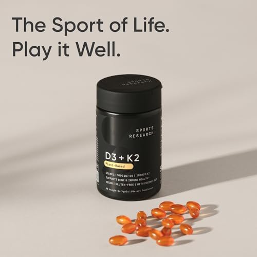 Sports Research® Vitamin D3 + K2 w/ Coconut Oil - Vegan Vitamin D 5000iu & Mk7 Vitamin K 100mcg for Bone & Immune Support - Vegan Certified · Non-GMO · Soy Free - 60 Softgels