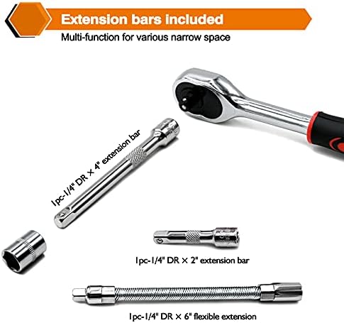 Egofine 46 Pieces 1/4 inch Drive Socket Ratchet Wrench Set, with Bit Socket Set Metric and Extension Bar for Auto Repairing and Household, with Storage Case