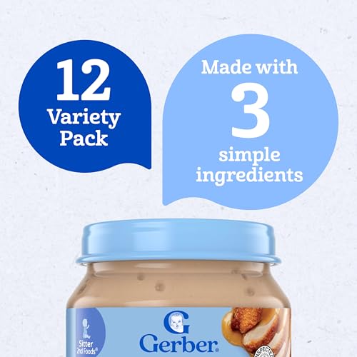 Gerber Stage 2 Baby Food, Chicken & Turkey Variety Pack Jars, Mealtime Poultry Puree, Baby Food Puree,12-Pack