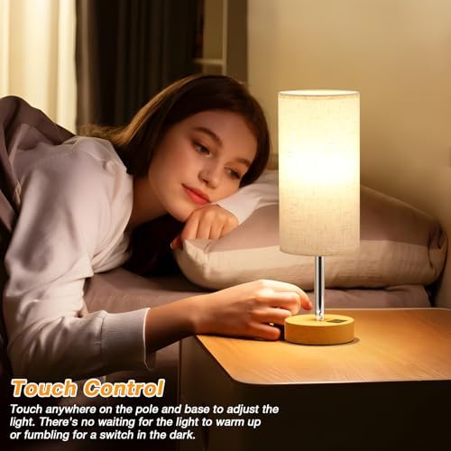 Touch Bedside Table Lamp with USB - 3 Way Dimmable Wood Lamp for Bedroom Nightstand, Desk Lamp with Charging Station for Dorm, Living Room, Office, Kids Room, Nursery, Small