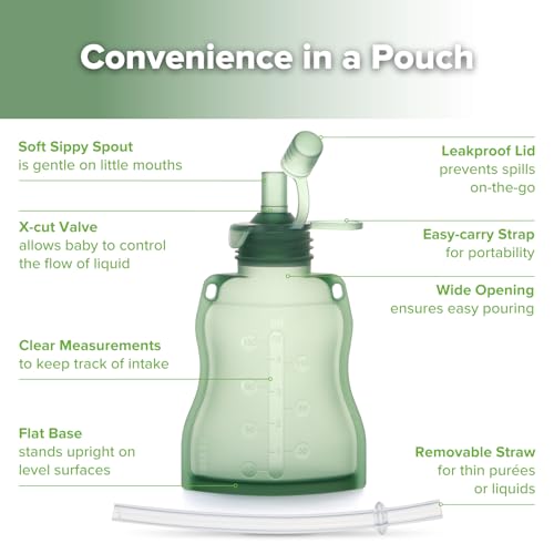 haakaa Yummy Pouch Reusable Baby Food Pouch, Reusable Pouches for Toddlers Kids Squeezable Pouch, Washable Freezer - Make Homemade Organic Food for Babies/Toddlers, 4oz, 2 Pack,6m+(Pea Green)