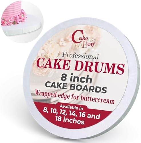 Cakebon Cake Boards - Sturdy 1/2 Thick Drums - 8 Inch Professional Fully Wrapped Edges White 3-Pack