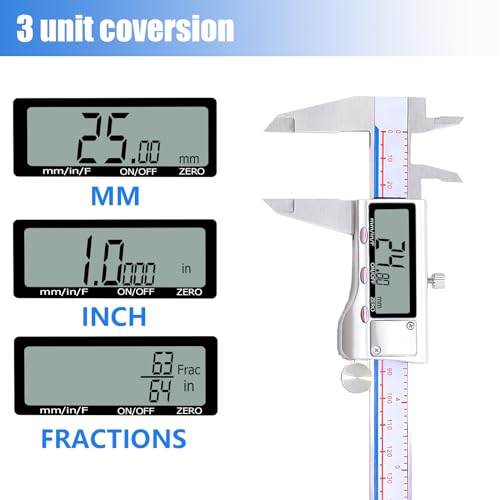 Digital Caliper, Vernier Caliper Measuring Tool with Stainless Steel, Electronic Micrometer Caliper with Large LCD Screen, Auto-Off Feature, Easy Switch from Inch Metric Fraction, (6 Inch//150 mm)