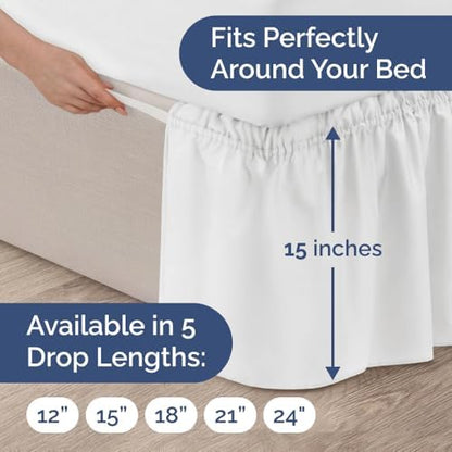 Wrap Around Dust Ruffle Bed Skirt - White - for Queen Size Beds with 15 Inch Drop - Easy Fit Elastic Strap - Adjustable Pleated Bedskirt w/Brushed Fabric - Wrinkle Free - for Women, Men, Kids & Teens