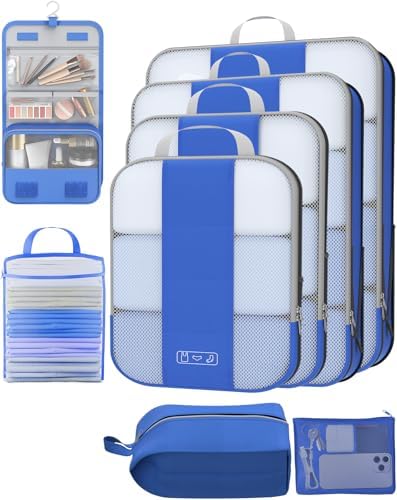 8 Set Compression Packing Cubes for Travel Essentials,Compressible Expandable Packing Cubes for Suitcase,OlarHike Luggage Organizer Bags for Travel,Handy Helper for Organizing Clothes(Klein Blue)