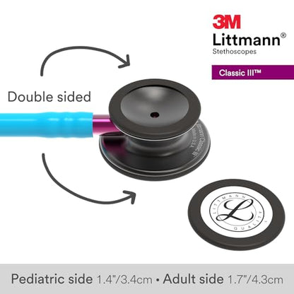 3M Littmann Classic III Monitoring Stethoscope, 5872, More Than 2X as Loud, Weighs Less, Stainless Steel Smoke-Finish Chestpiece, 27" Turquoise Tube, Pink Stem, and Smoke Headset