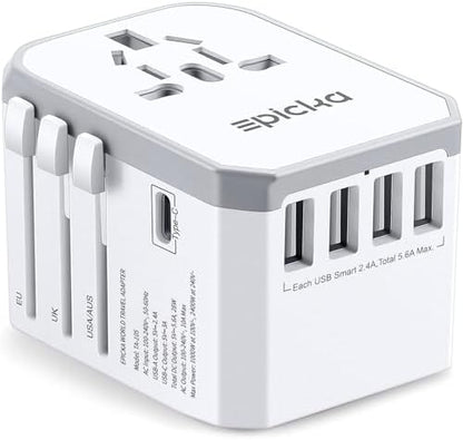 EPICKA Universal Travel Adapter, European Travel Plug Adapter - International Power Adapter Worldwide Charger with USB-C & 4 USB-A Ports, Travel Essentials for Italy, Japan, Europe, UK (TA-105, White)