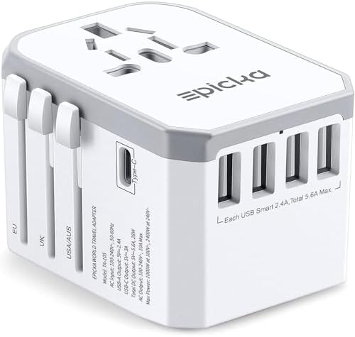 EPICKA Universal Travel Adapter, European Travel Plug Adapter - International Power Adapter Worldwide Charger with USB-C & 4 USB-A Ports, Travel Essentials for Italy, Japan, Europe, UK (TA-105, White)