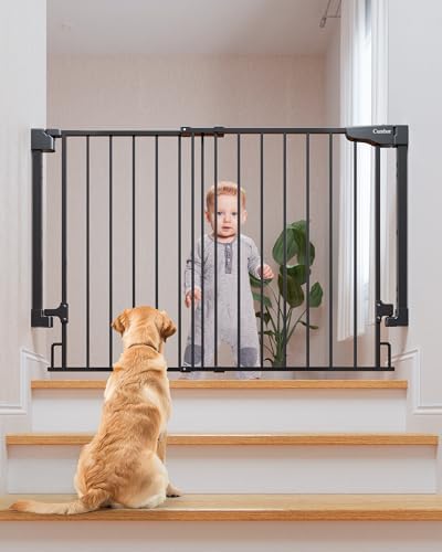 Cumbor 29.2-43" No Bottom Bar Baby Gate for Stairs, 2-in-1 Auto Close Dog Gate Indoor, Hardware Mounted Pet Gate for Doorways with Large Walk Thru Door, Child-Proof Safety Gate for Kids (Black)
