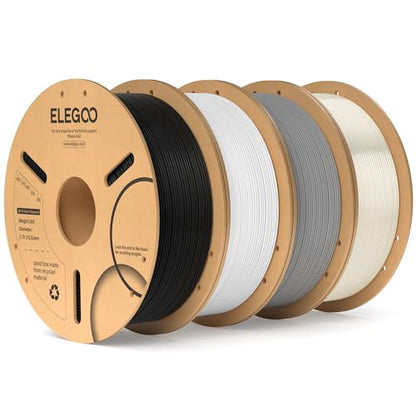 ELEGOO PLA Filament 1.75mm Bundle 4KG, 3D Printer Filament Bulk Dimensional Accuracy +/- 0.02mm, 4 Pack 1kg Cardboard Spool(2.2lbs) Fits for Most FDM 3D Printers(Black, White, Gray, Translucent)