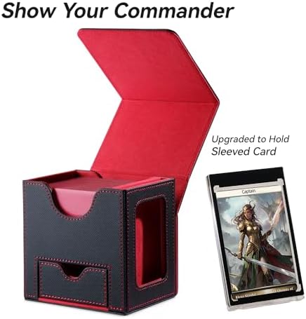 Card Deck Box for MTG Commander - Patented Design, Commander Display, Fits 100 Double-Sleeved Cards, 35pt Card Brick & Dice Tray - Black/Red