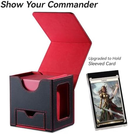 Card Deck Box for MTG Commander - Patented Design, Commander Display, Fits 100 Double-Sleeved Cards, 35pt Card Brick & Dice Tray - Black/Red