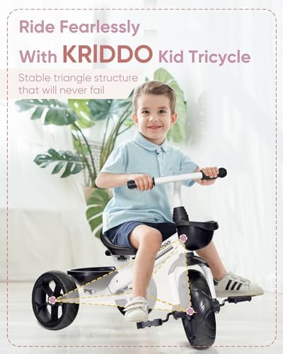 KRIDDO Kids Tricycles Age 24 Month to 4 Years, Toddler Kids Trike for 2.5 to 5 Year Old, Gift Toddler Tricycles for 2-4 Year Olds, Trikes for Toddlers, Sporty Styling, White