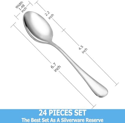 24 Pcs Teaspoons Set, Food Grade Stainless Steel Tea Spoons, Durable Small Spoons, Metal Dessert Spoon, Spoon Silverware for Home, Kitchen or Restaurant, Mirror Polished & Dishwasher Safe, 6.7-Inch