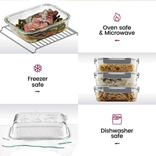 FineDine Airtight Glass Storage Containers with Hinged Locking Lid BPA Free for Meal Prep/Moving/Freezer/Oven
