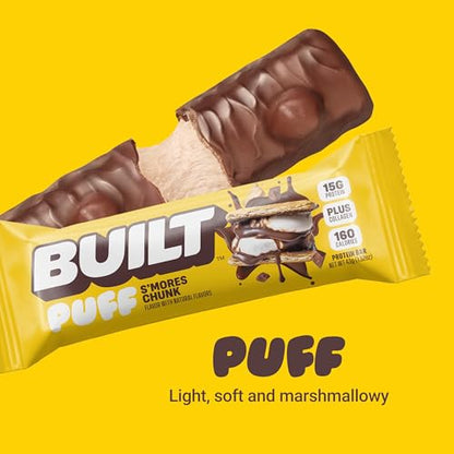 Built Bar, Puff Protein Bars, S'mores Chunk Puff, 15g Protein Snacks, On-The-Go Bars, Only 160 Calories, 9g Sugar, Collagen, Not Gluten Free, 12 Count