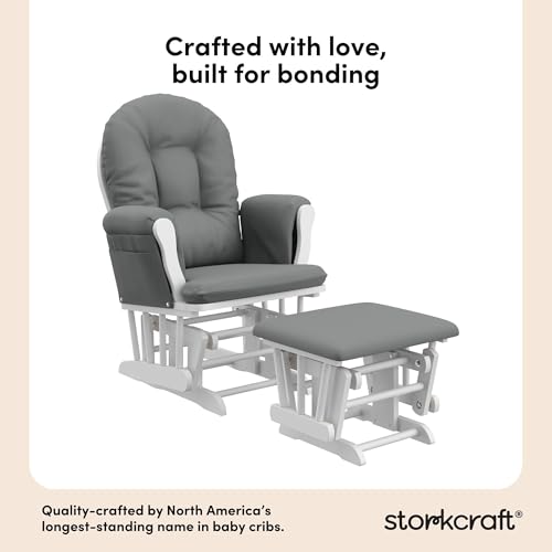Storkcraft Premium Hoop Glider & Ottoman (White/Gray) — GREENGUARD Gold Certified Nursery Glider, Solid Wood Craftsmanship, Smooth-Gliding Nursery Chair and Ottoman, Award-Winning